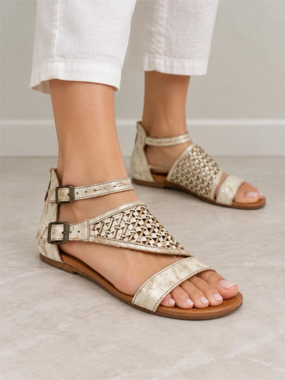 Bed Stu Bellatrix II Nectar lux leather Woven Double-Ankle Strap Sandals Sz 8.5
